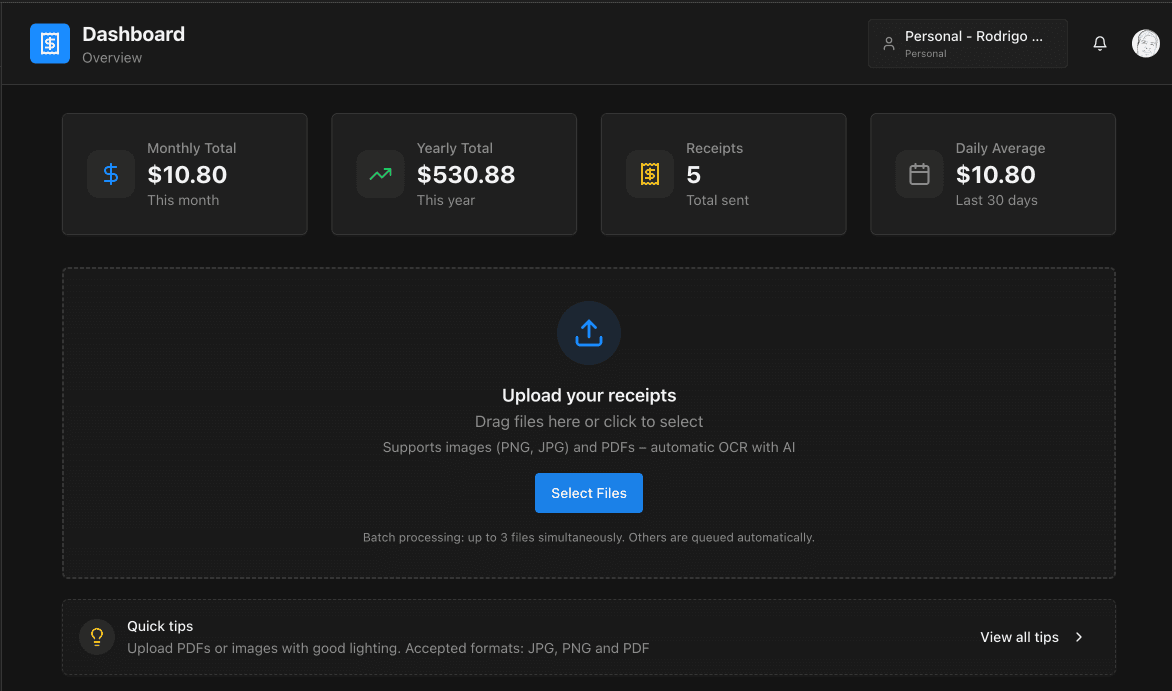 Receiplify dashboard overview