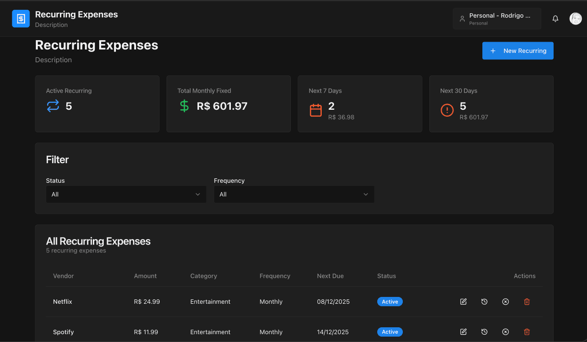 Recurring expenses tracking