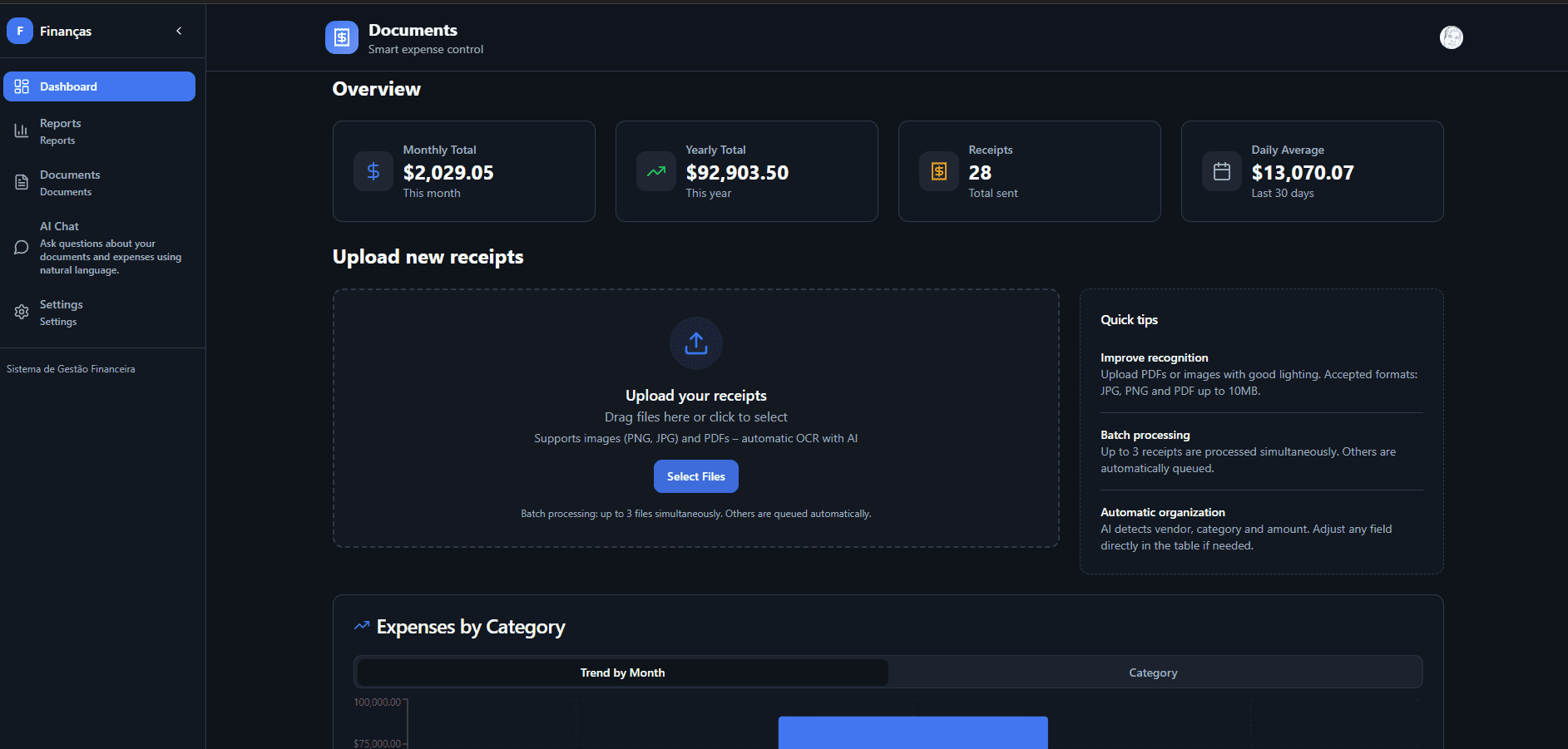 Receiplify dashboard showing receipt management interface